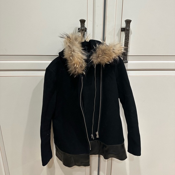 SANDRO Manoli Fur Trim Wool Leather Coat - Picture 6 of 10